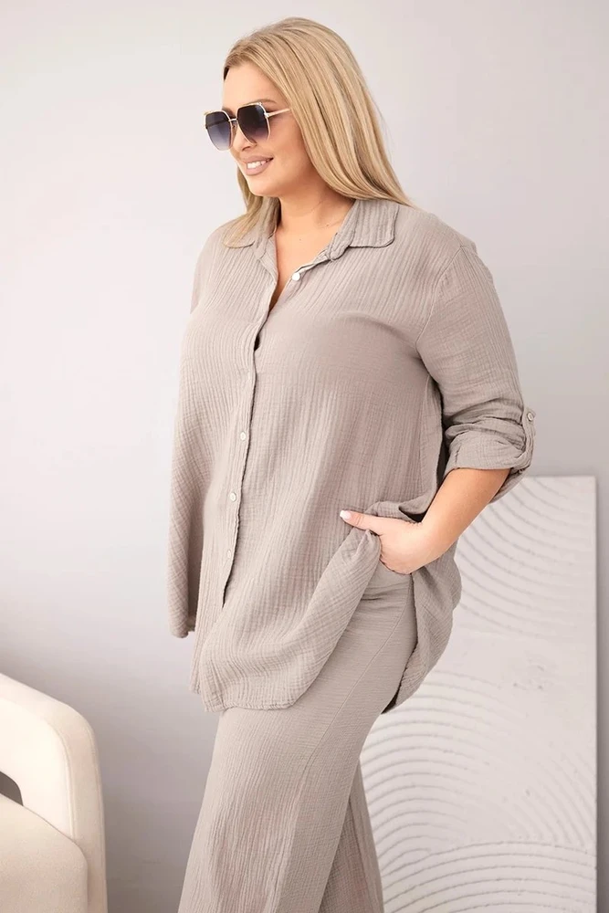 Moteriškas Plus Size muslino komplektas su marškiniais ir plačiomis kelnėmis, fango spalvos