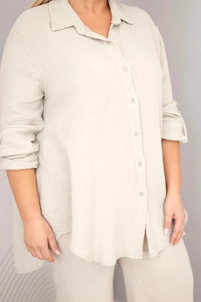 Moteriškas Plus Size muslino komplektas su marškiniais ir plačiomis kelnėmis, smėlio spalvos