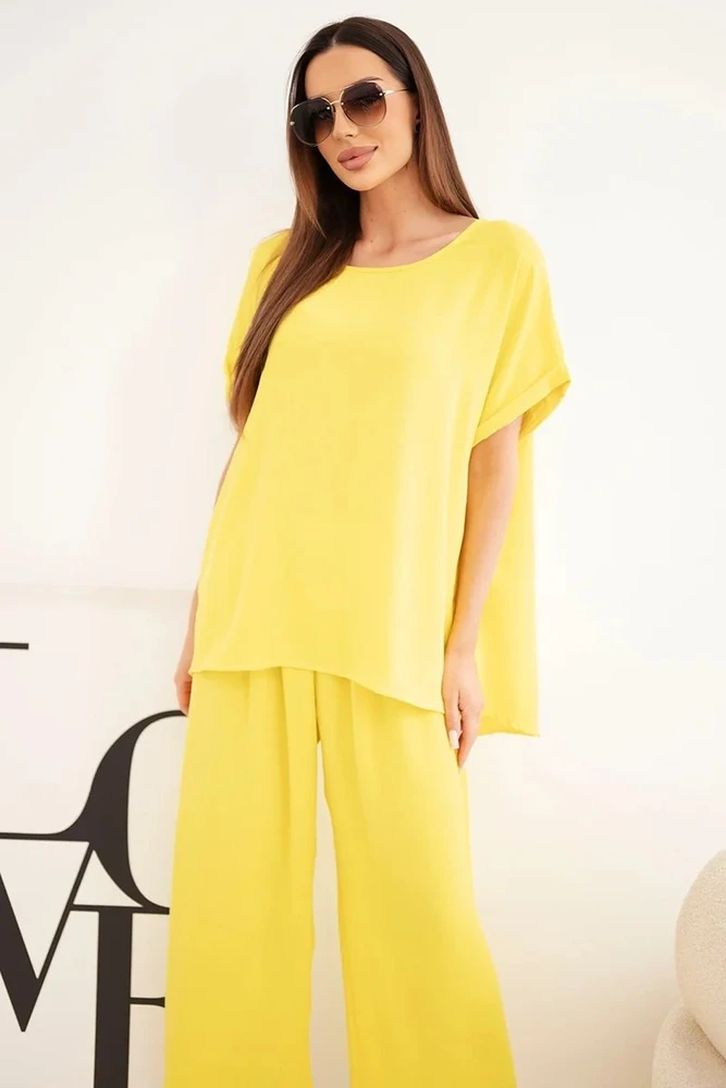 Moteriškas Plus Size palaidinės ir plačių kelnių komplektas, geltonas