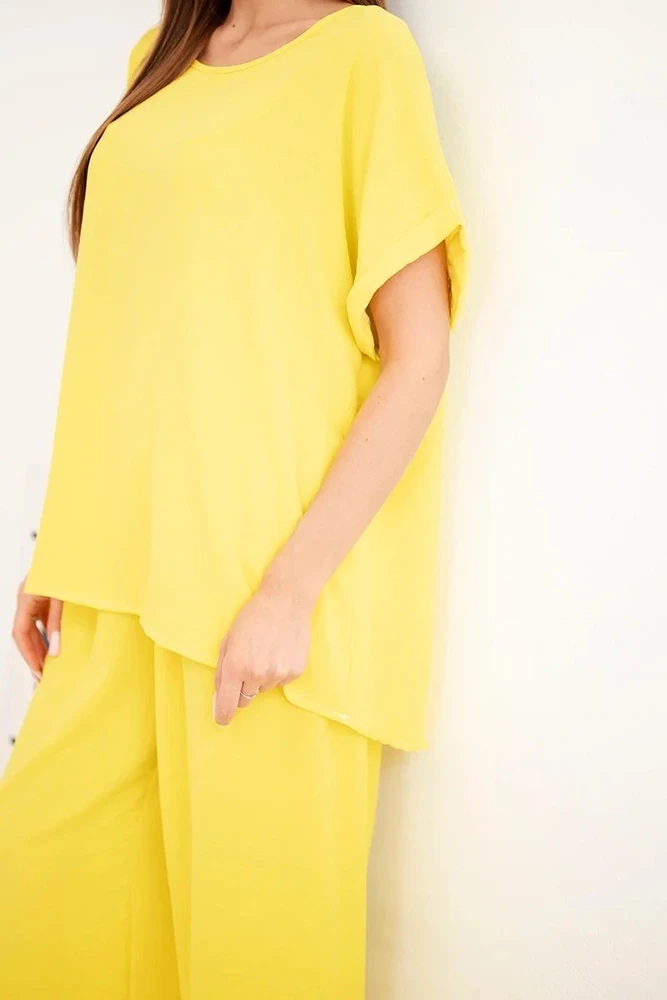 Moteriškas Plus Size palaidinės ir plačių kelnių komplektas, geltonas