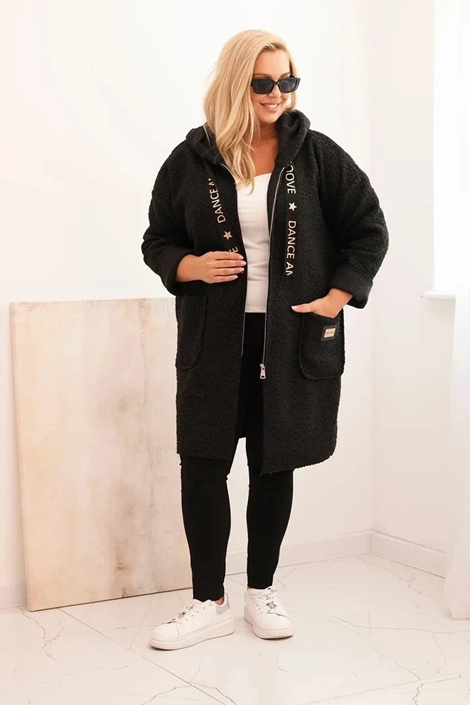 Moteriškas Plus Size paltas iš dirbtinės avikailio vilnos su gobtuvu ir kišenėmis, juodos spalvos