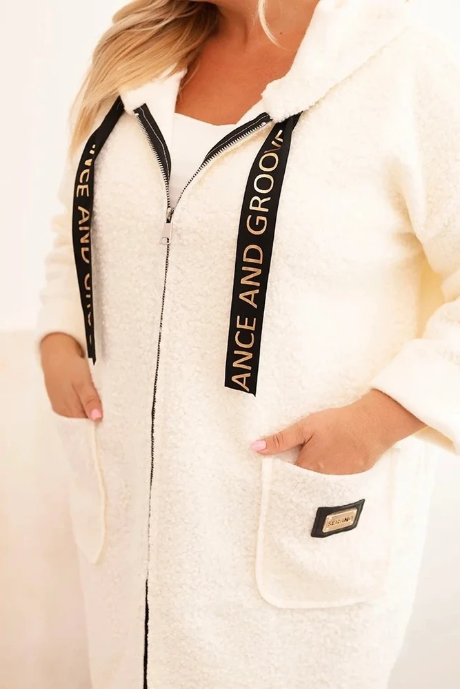 Moteriškas Plus Size paltas iš dirbtinio kailio su gobtuvu ir kišenėmis, ekru spalvos