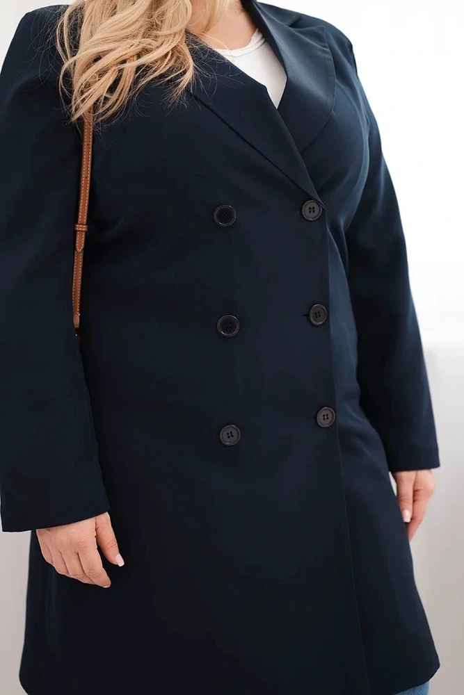 Moteriškas Plus Size paltas su apykakle, tamsiai mėlynos spalvos