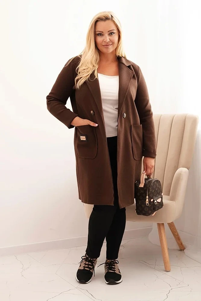 Moteriškas Plus Size paltas su apykakle ir didelėmis kišenėmis, rudos spalvos