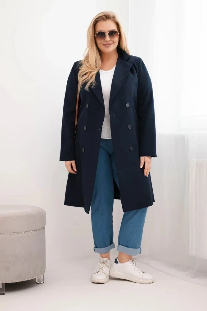 Moteriškas Plus Size paltas su apykakle, tamsiai mėlynos spalvos