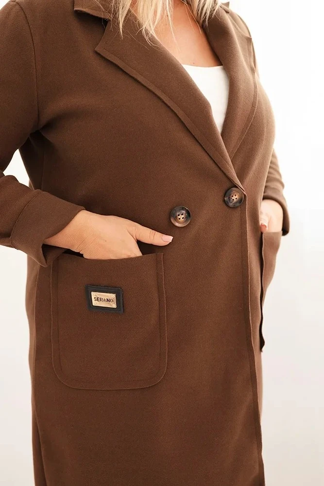 Moteriškas Plus Size paltas su apykakle ir didelėmis kišenėmis, rudos spalvos