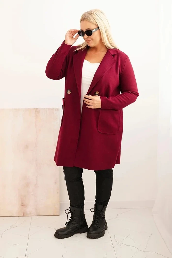 Moteriškas Plus Size paltas su apykakle ir didelėmis kišenėmis, bordo spalvos