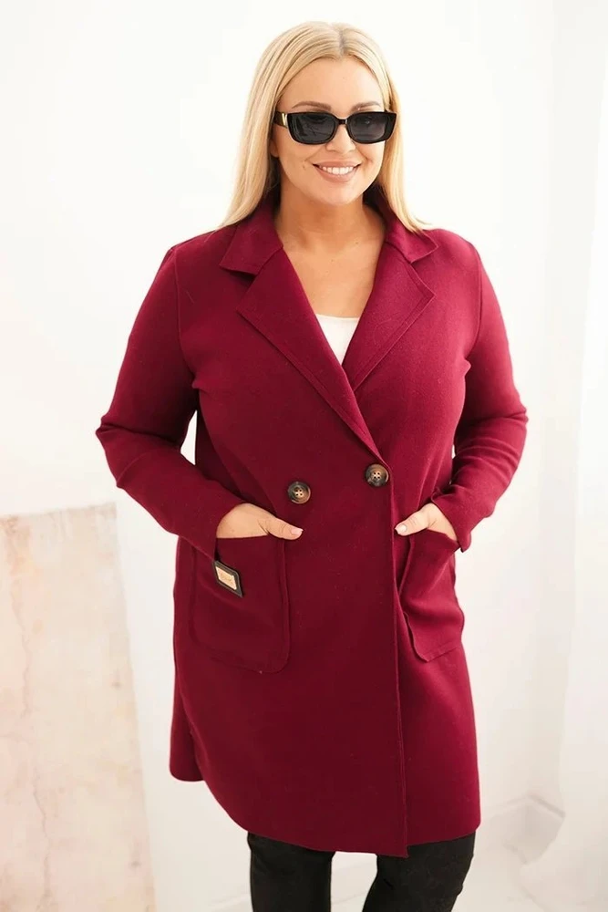 Moteriškas Plus Size paltas su apykakle ir didelėmis kišenėmis, bordo spalvos