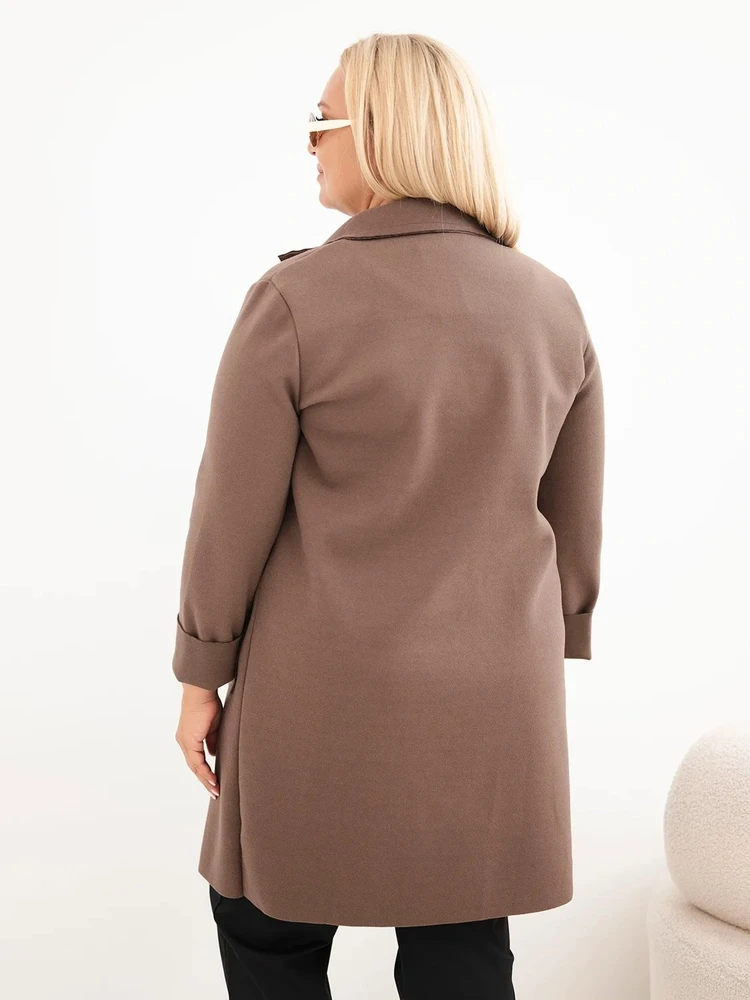 Moteriškas Plus Size paltas su apykakle ir didelėmis kišenėmis, fango spalvos