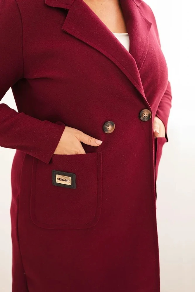Moteriškas Plus Size paltas su apykakle ir didelėmis kišenėmis, bordo spalvos