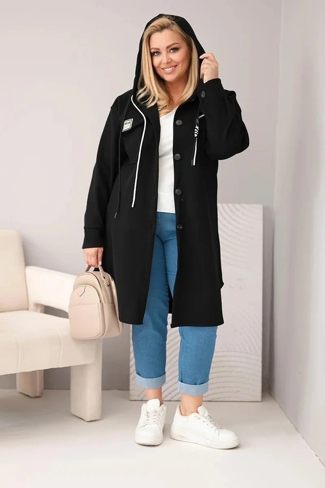 Moteriškas Plus Size paltas su gobtuvu ir sagomis, juodos spalvos