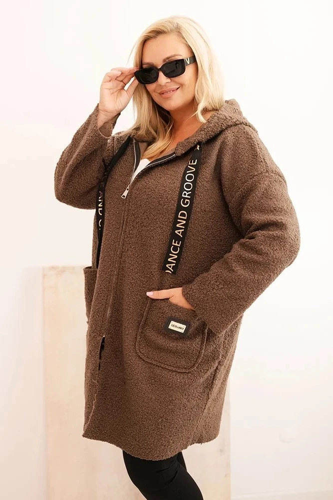 Moteriškas Plus Size paltas su gobtuvu ir kišenėmis, rudas