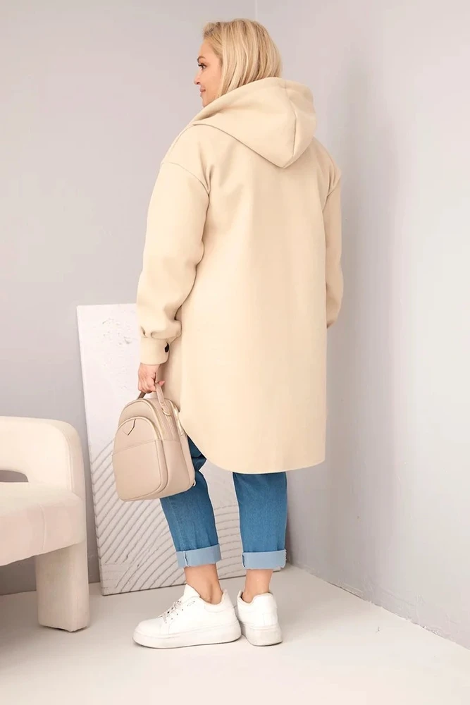 Moteriškas Plus Size paltas su gobtuvu ir sagomis, tamsiai smėlio spalvos