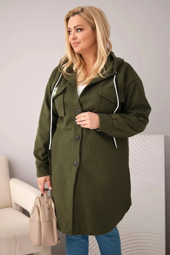 Moteriškas Plus Size paltas su gobtuvu ir sagomis, chaki spalvos