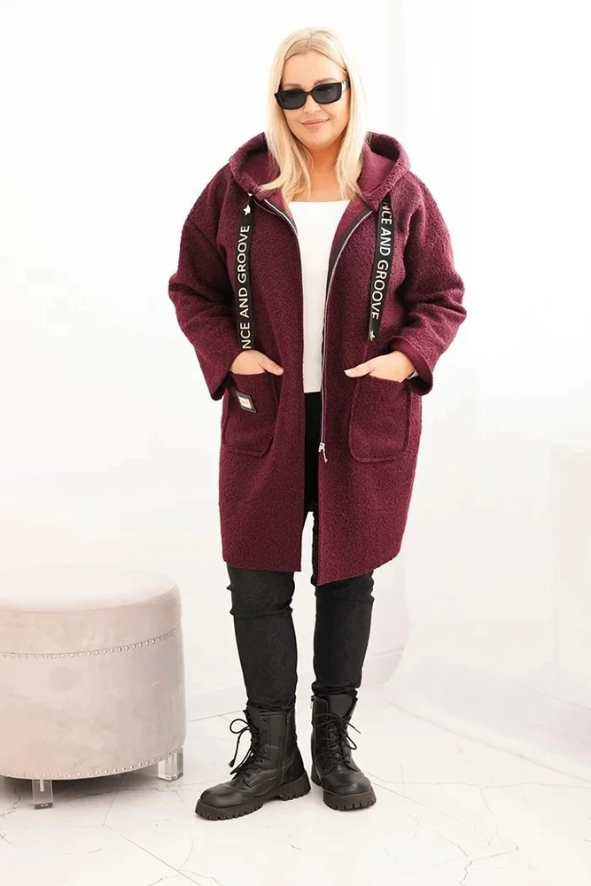 Moteriškas Plus Size paltas su gobtuvu ir kišenėmis, slyvų spalvos