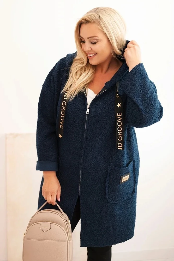 Moteriškas Plus Size paltas su gobtuvu ir kišenėmis, tamsiai mėlynos spalvos
