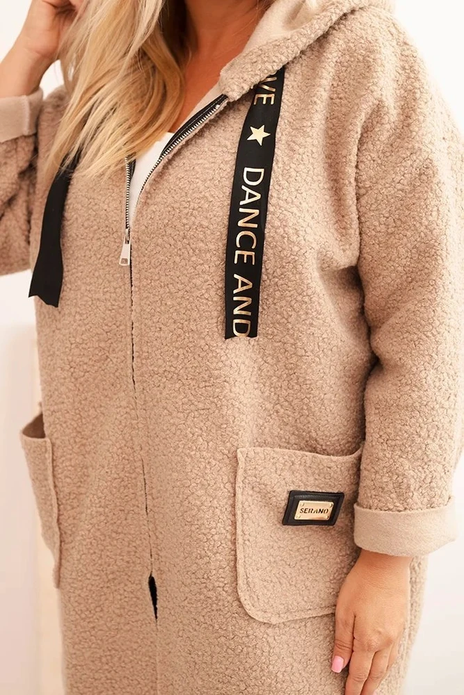 Moteriškas Plus Size paltas su gobtuvu ir kišenėmis, smėlio spalvos