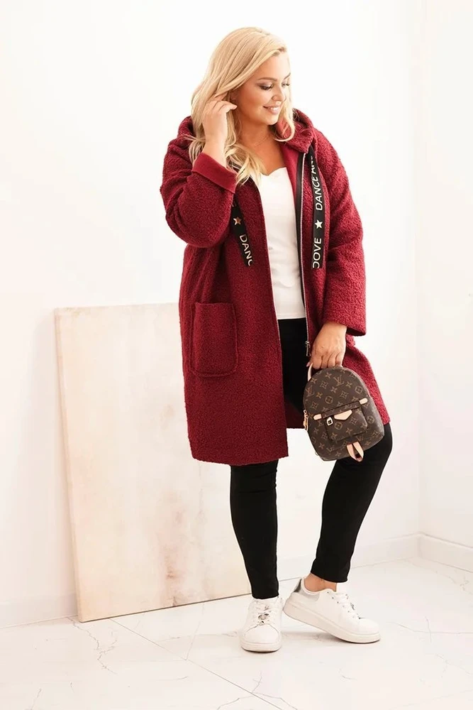 Moteriškas Plus Size paltas su gobtuvu ir kišenėmis, tamsiai raudonos spalvos