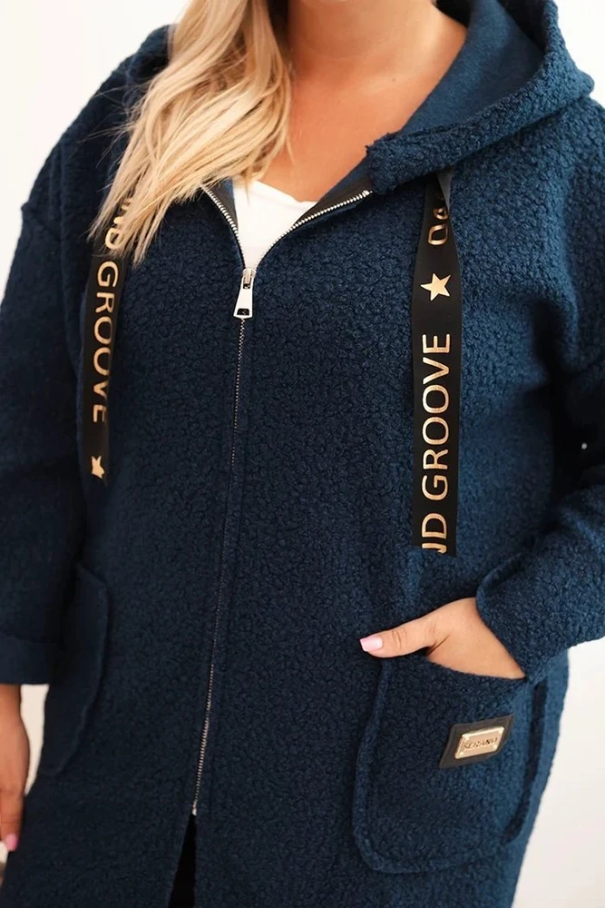Moteriškas Plus Size paltas su gobtuvu ir kišenėmis, tamsiai mėlynos spalvos