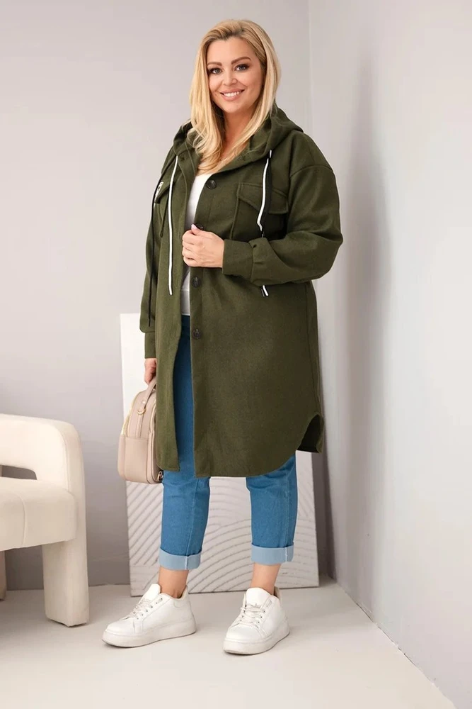 Moteriškas Plus Size paltas su gobtuvu ir sagomis, chaki spalvos