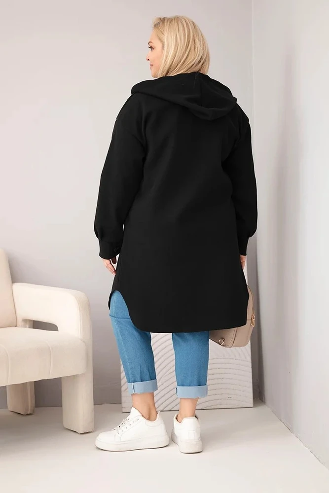 Moteriškas Plus Size paltas su gobtuvu ir sagomis, juodos spalvos