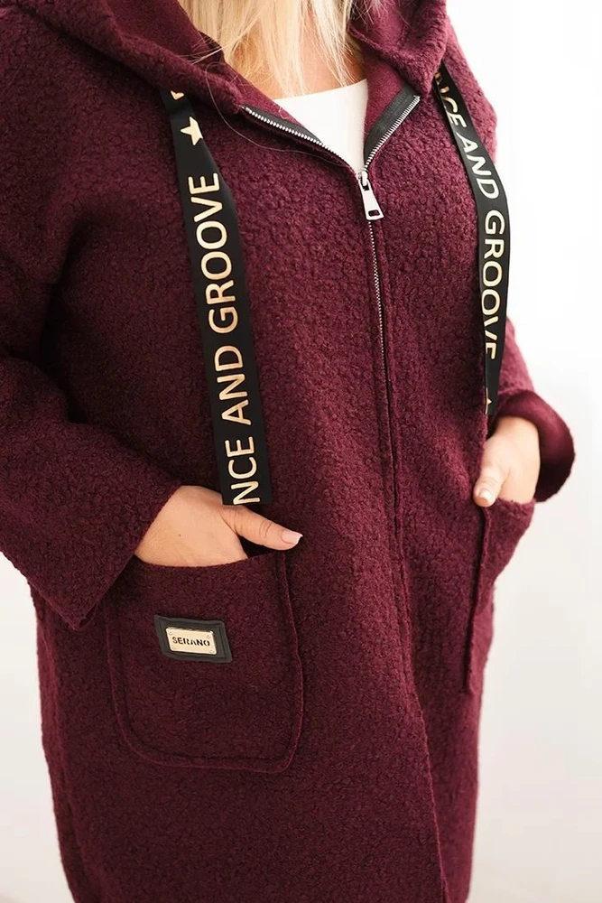 Moteriškas Plus Size paltas su gobtuvu ir kišenėmis, slyvų spalvos