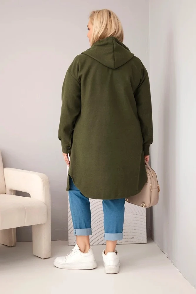 Moteriškas Plus Size paltas su gobtuvu ir sagomis, chaki spalvos