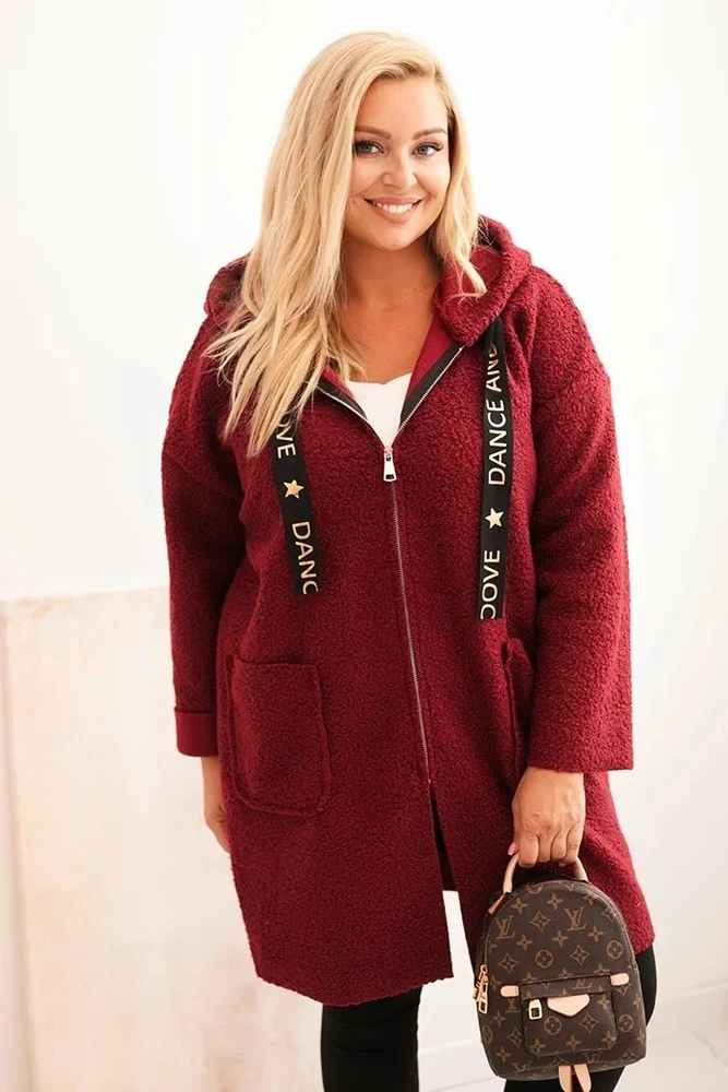 Moteriškas Plus Size paltas su gobtuvu ir kišenėmis, tamsiai raudonos spalvos