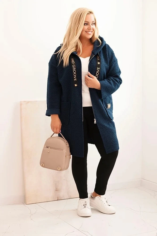 Moteriškas Plus Size paltas su gobtuvu ir kišenėmis, tamsiai mėlynos spalvos