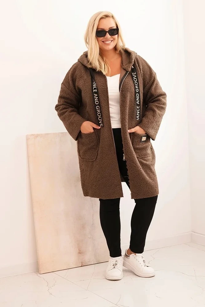 Moteriškas Plus Size paltas su gobtuvu ir kišenėmis, rudas