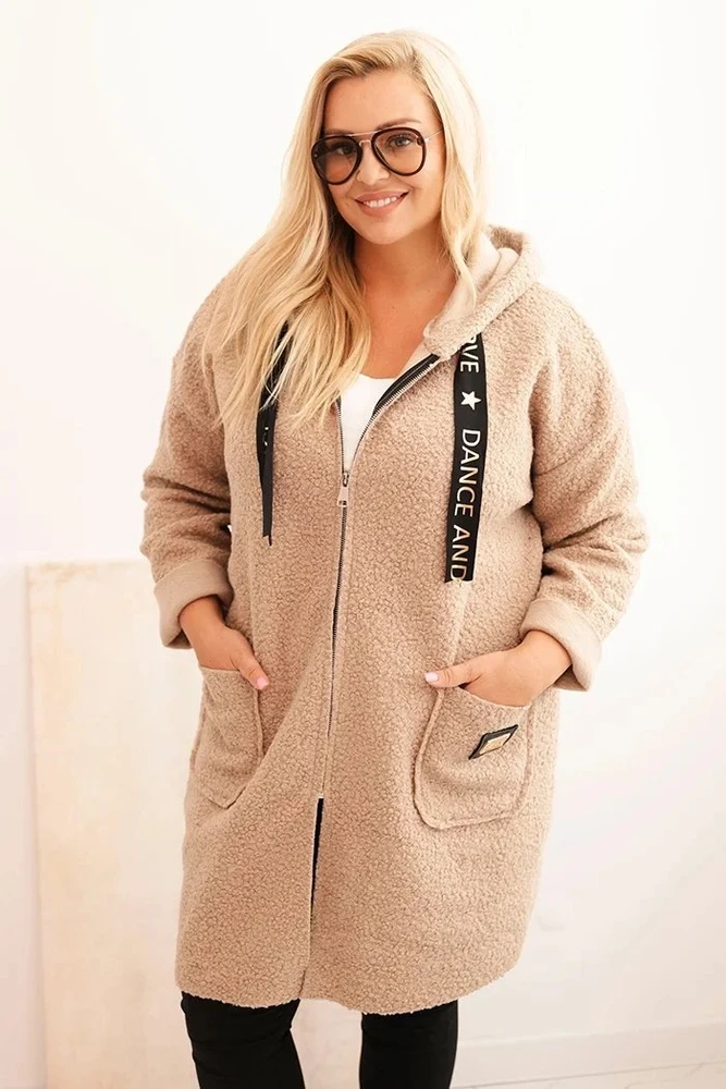 Moteriškas Plus Size paltas su gobtuvu ir kišenėmis, smėlio spalvos