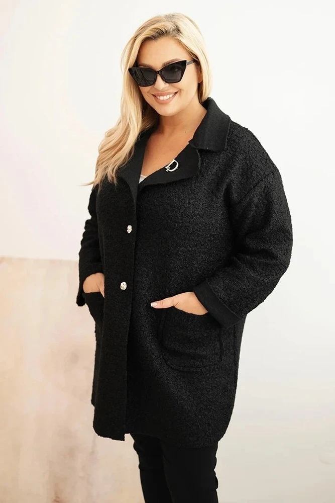Moteriškas Plus Size paltas su vilna ir kišenėmis, juodos spalvos