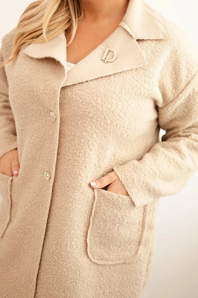 Moteriškas Plus Size paltas su vilna ir kišenėmis, smėlio spalvos