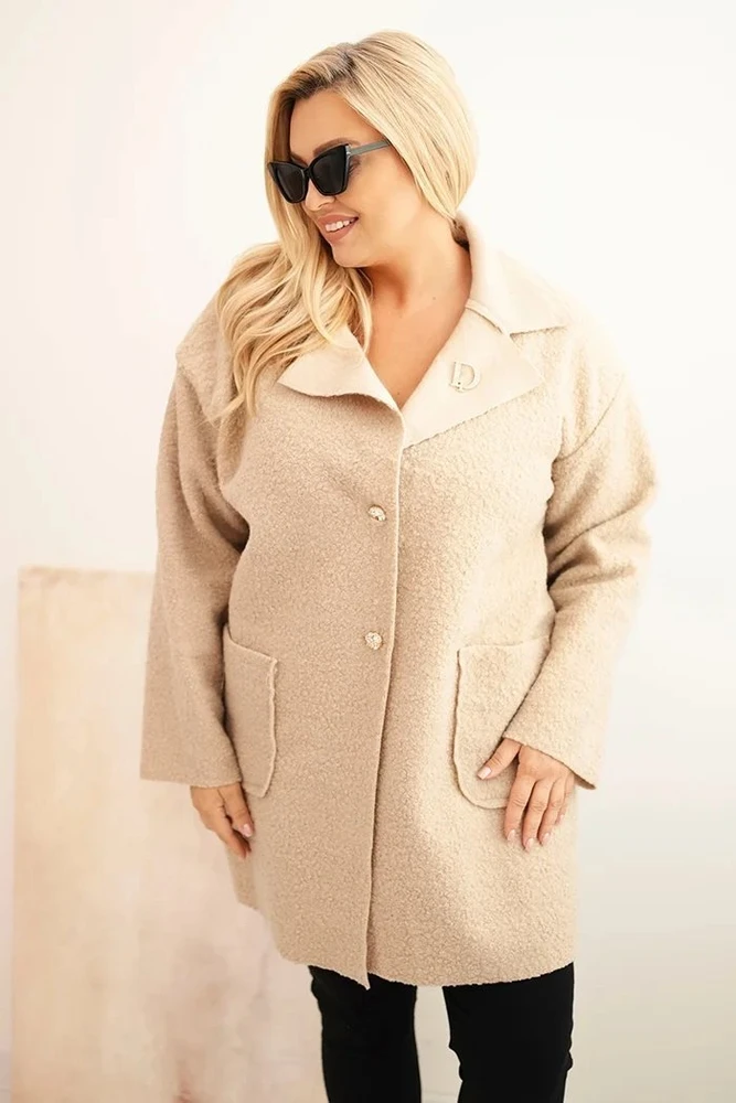Moteriškas Plus Size paltas su vilna ir kišenėmis, smėlio spalvos