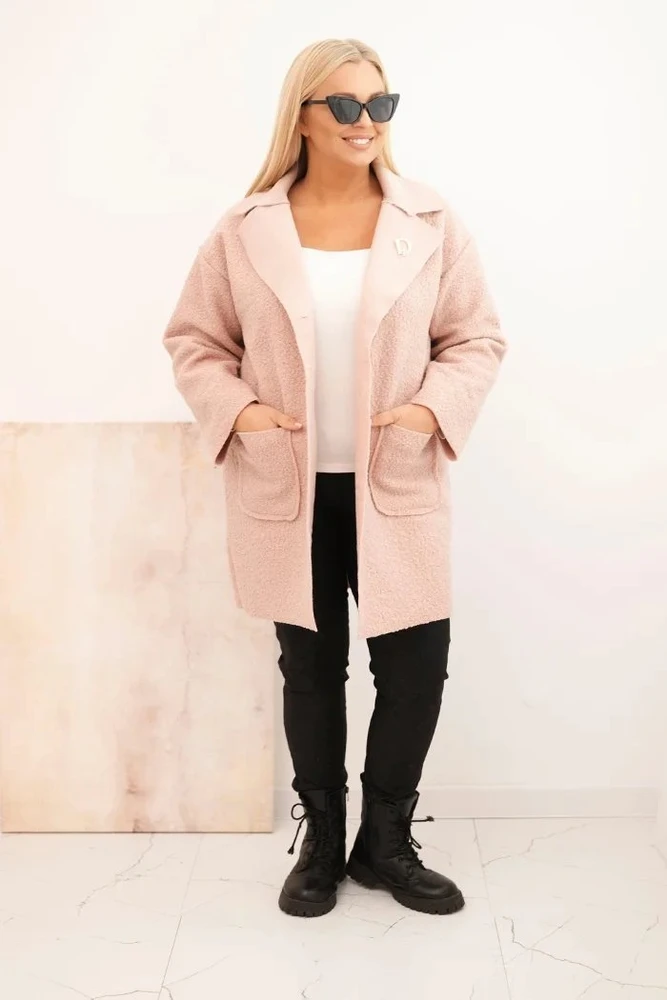 Moteriškas Plus Size paltas su vilna ir kišenėmis, rožinės spalvos