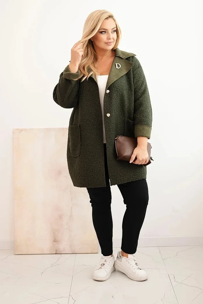 Moteriškas Plus Size paltas su vilna ir kišenėmis, chaki spalvos