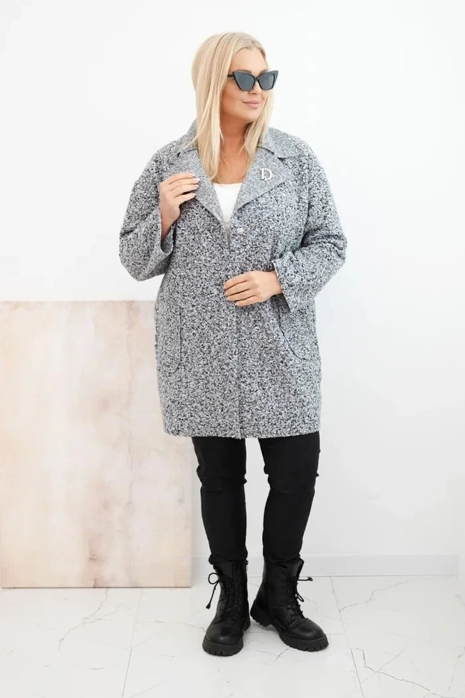 Moteriškas Plus Size paltas su vilna ir kišenėmis, pilkai melange spalvos