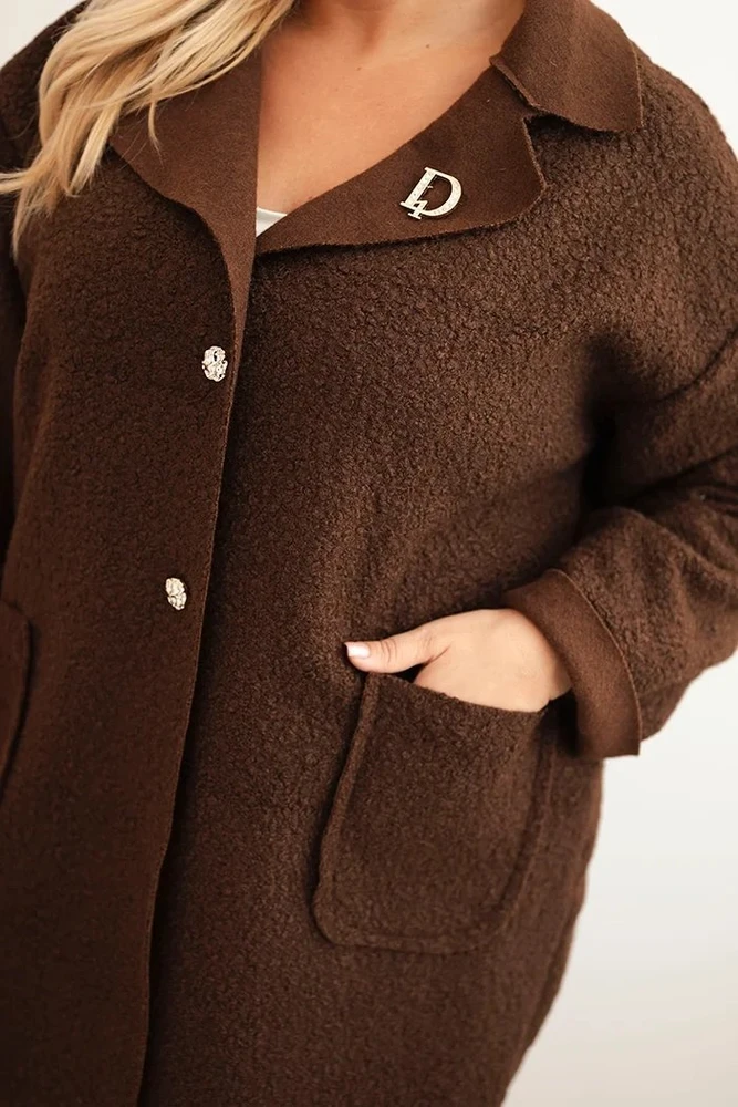 Moteriškas Plus Size paltas su vilna ir kišenėmis, rudas
