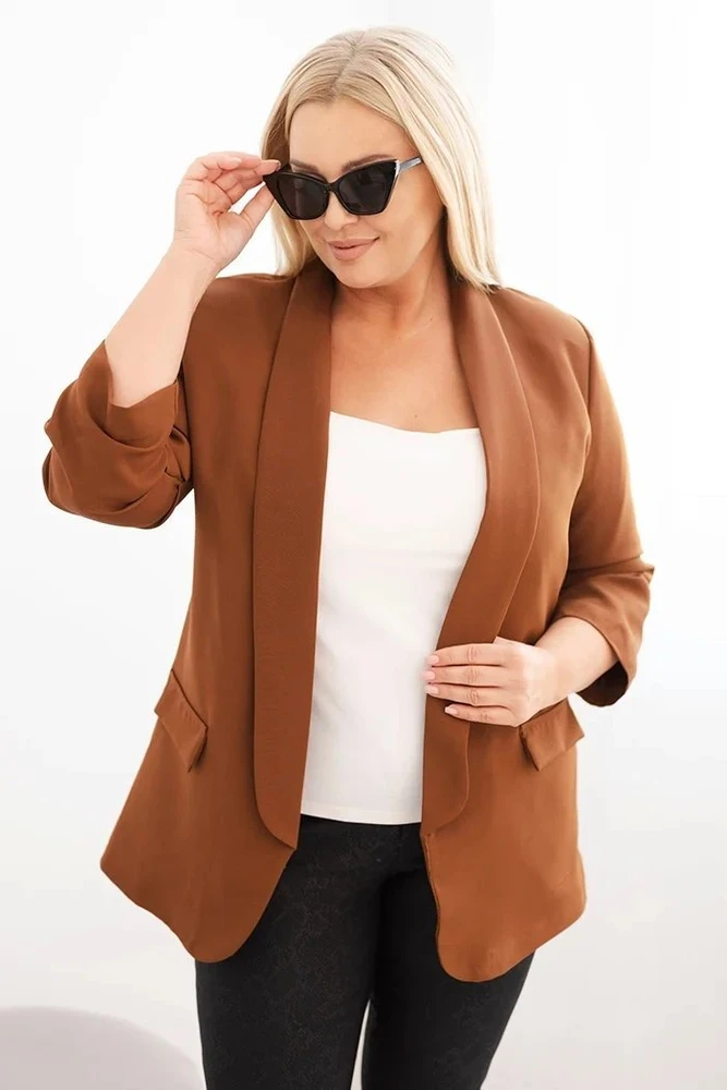 Moteriškas Plus Size švarkas be užsegimo, rudos spalvos