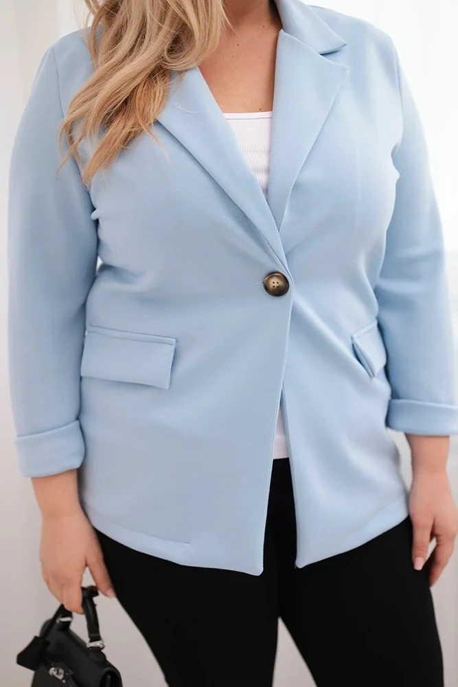 Moteriškas Plus Size švarkas su apykakle ir ilgomis rankovėmis, mėlynos spalvos