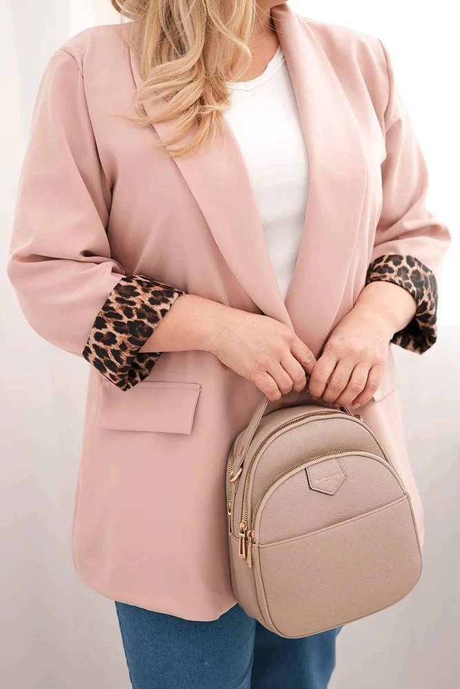 Moteriškas Plus Size švarkas su leopardo pamušalu, pudrinės rožinės spalvos
