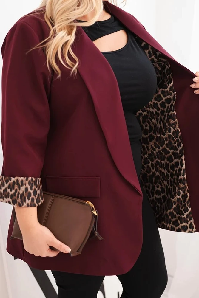 Moteriškas Plus Size švarkas su leopardo rašto pamušalu, violetinės spalvos