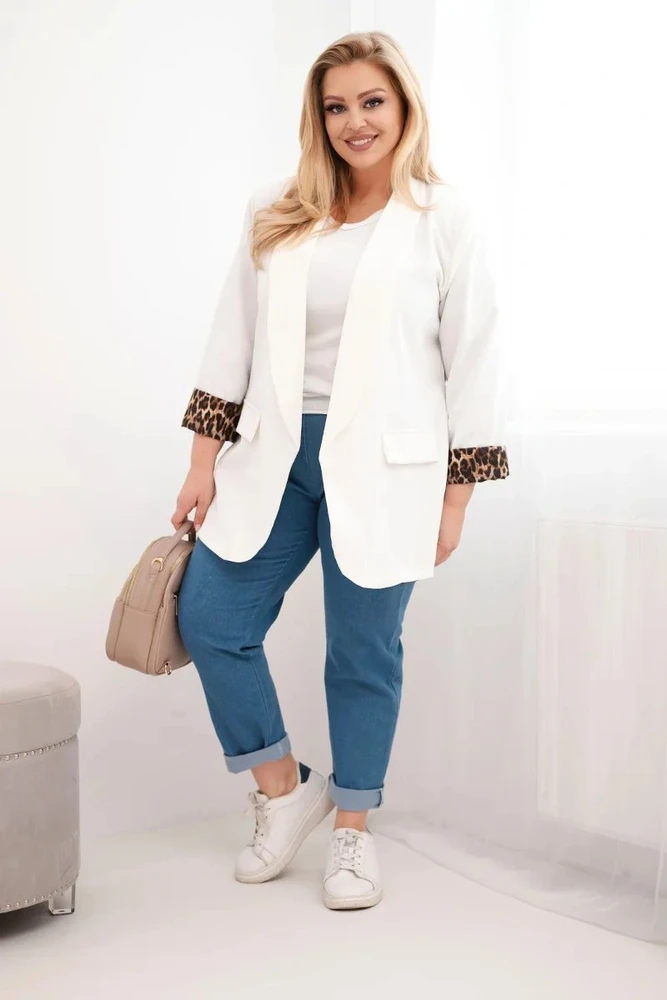 Moteriškas Plus Size švarkas su panterinės spalvos pamušalu, ekru