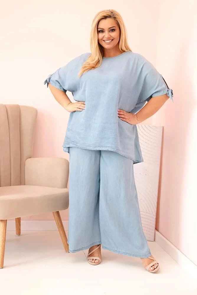 Moteriškas Plus Size tencel komplektas su palaidine ir plačiomis kelnėmis, šviesiai mėlynos spalvos