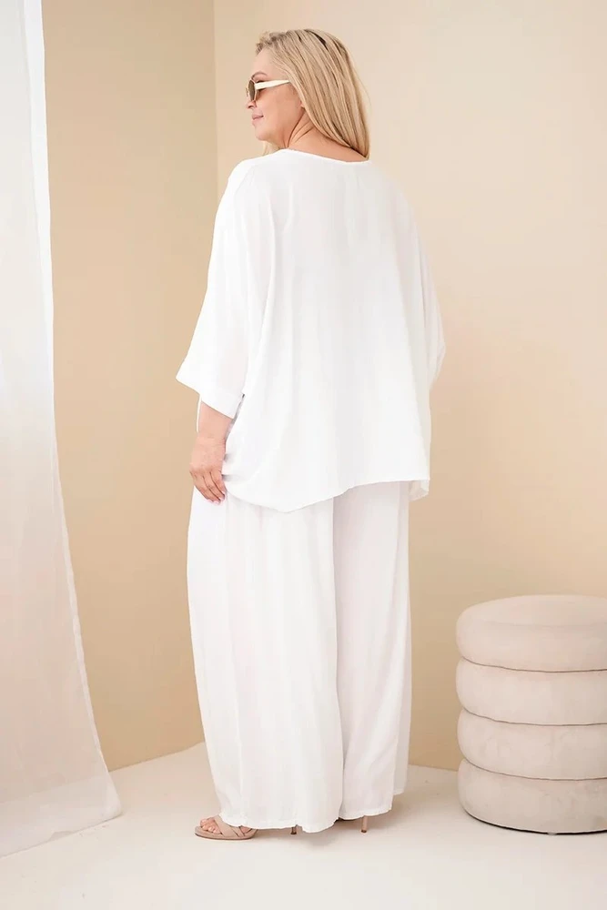 Moteriškas Plus Size viskozės komplektas su plačiomis kelnėmis ir palaidine, balta
