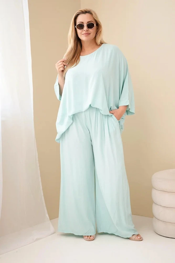 Moteriškas Plus Size viskozės komplektas su plačiomis kelnėmis ir palaidine, mėtų spalvos