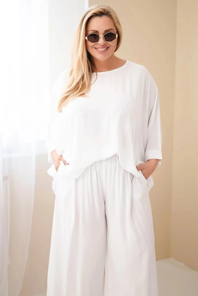 Moteriškas Plus Size viskozės komplektas su plačiomis kelnėmis ir palaidine, balta