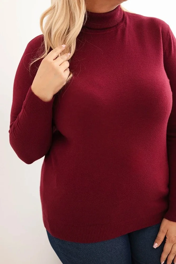 Moteriškas Plus Size viskozinis megztinis su golfu, burgundiškos spalvos