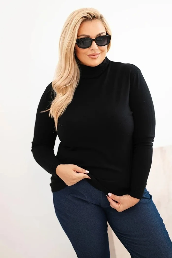 Moteriškas Plus Size viskozinis megztinis su golfu, juodos spalvos