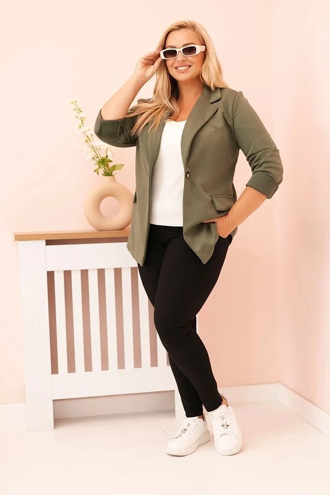 Moteriškas Plus Size viskozinis švarkas su apykakle, chaki spalvos